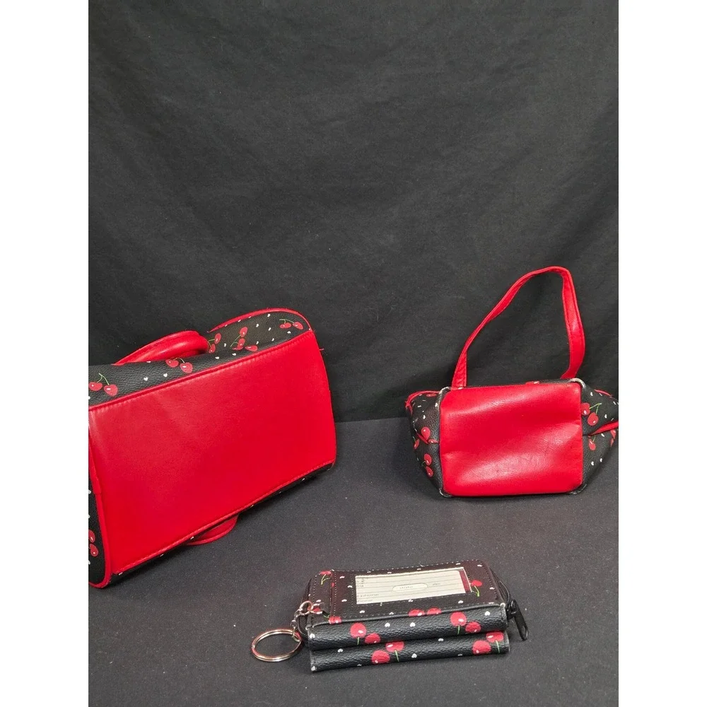 Cherry 3 Piece‎ Leather Handbag Set Black Red Heart Satchel Mini Tote Wallet